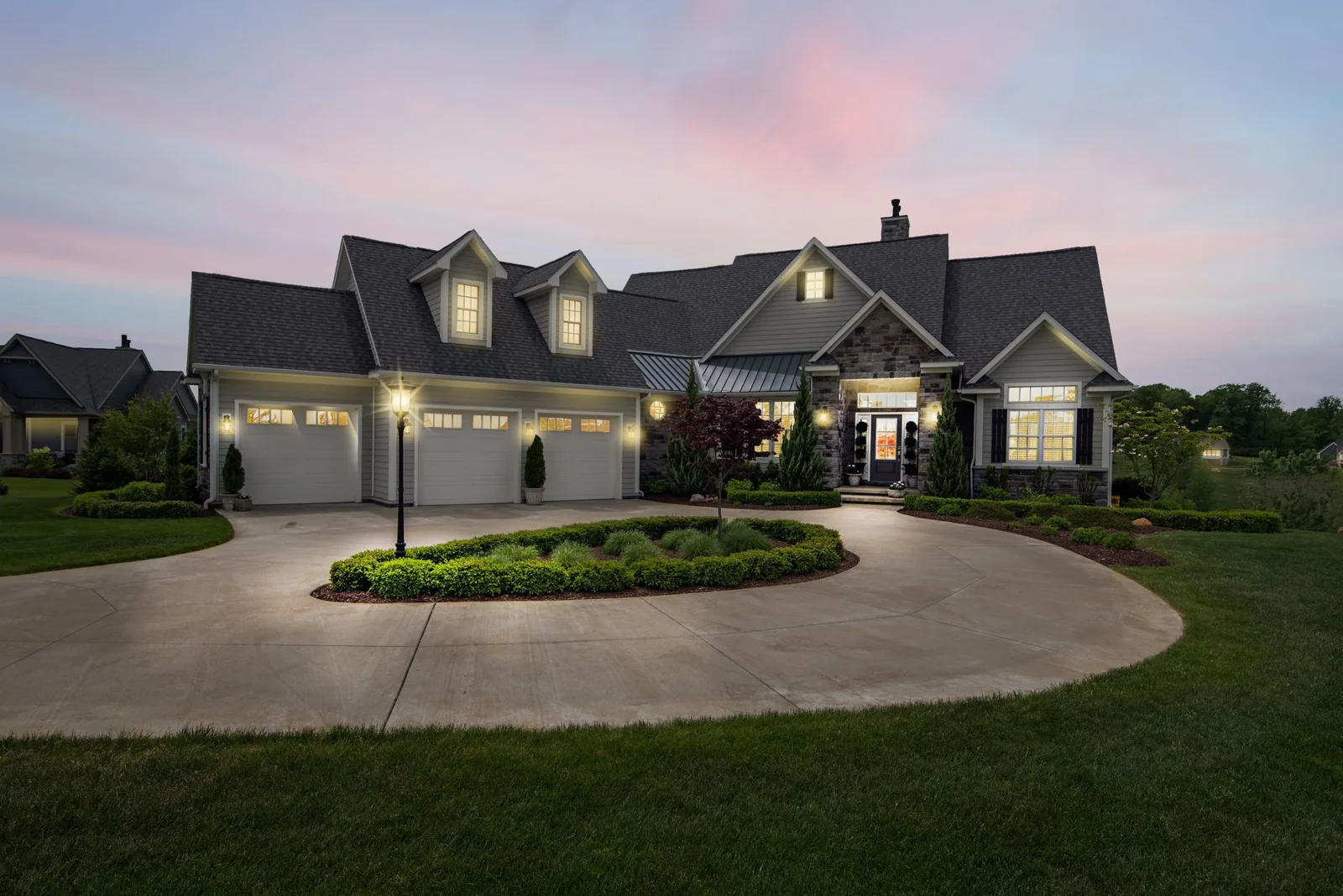 Landscape lighting ideas for front of house with path lights and uplighting